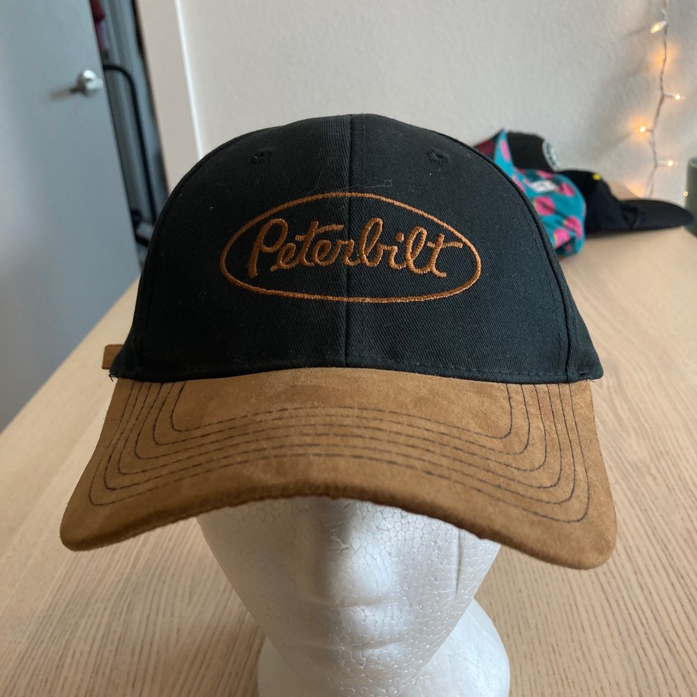 Peterbilt Hat Mens OSFM Black Brown Suede Brim Logo Adjustable Strapback Cap
